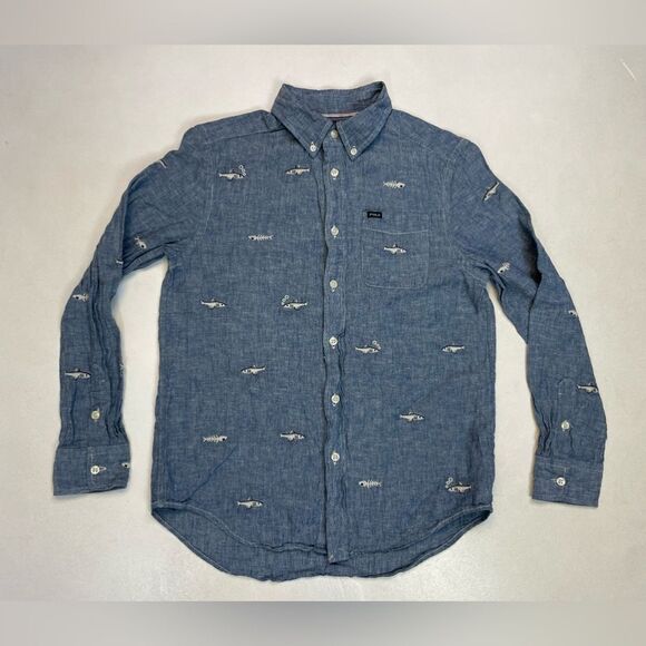 Polo Ralph Lauren Embroidered Fish Chambray Linen Blend Shirt Boys 10-12 Medium - Picture 1 of 5